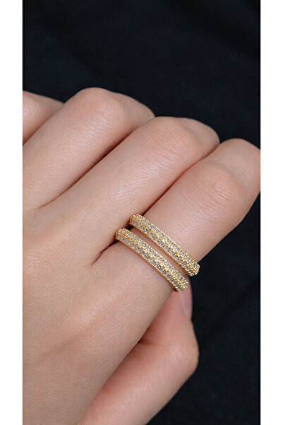 LooRen Butik خاتم ذهبي مزدوج الصفوف من الزركون مرصّع بالأحجار - تصميم قابل لل...