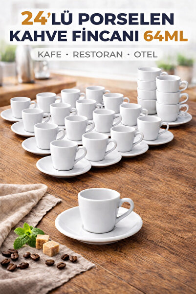 Porland 24lü Porselen Kahve Fincanı 64 ml Espresso Fincanı Seti Beyaz Düz Kaf...
