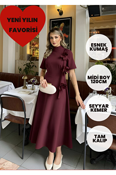 essolaria Luna Özel Tasarım Zarif Çiçek Aplikeli A Kesim Bordo Midi Modern El...