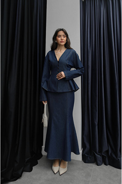 Havoş Blue Fish Skirt Shirt Denim Set