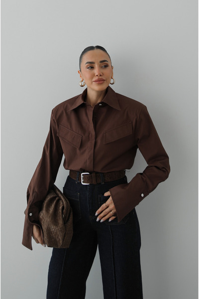 Havoş Brown Geometric Cover Pocketed Sleeve Detail Shirt