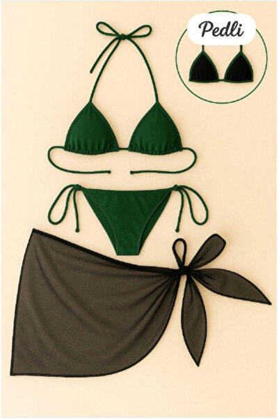 Vielove Kadın Yeşil Siyah Pareolu 3’lü Bikini Takımı – Boyundan Bağlamalı Üçl...