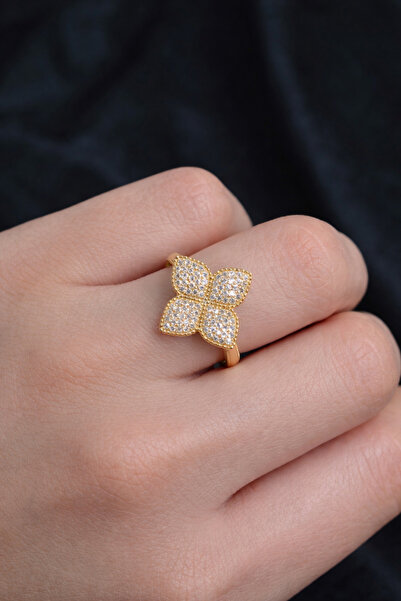 LooRen Butik خاتم ذهبي مرصّع بالأحجار مرصع بالزركون على شكل أوراق البرسيم الأ...