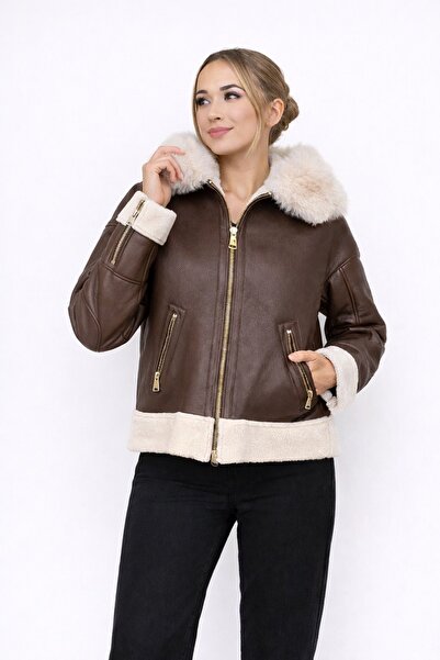 Marjinal Kadın Yakası Çıkarılabilir Çift Yaka Deri Ceket