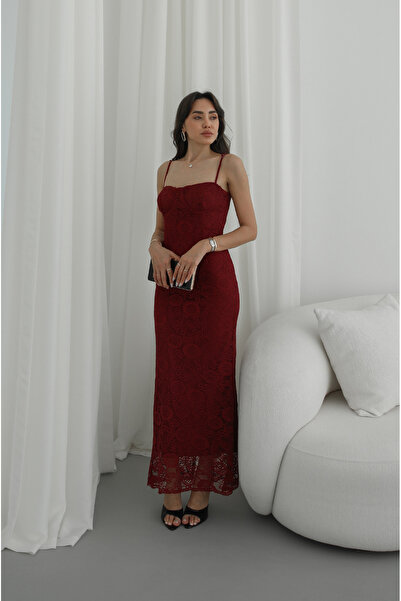 Havoş Φόρεμα με λαβές σε μπορντό χρώμα και Δαντέλα τιράντες