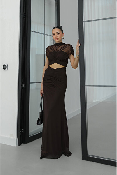 Havoş Brown Low-Cut Waist Detailed Lined Tulle Dress
