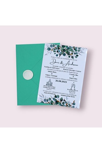Fabricacucadouri.ro Pachet 50 Invitație Nuntă cu Plic Verde Mentă și Sigiliu ...