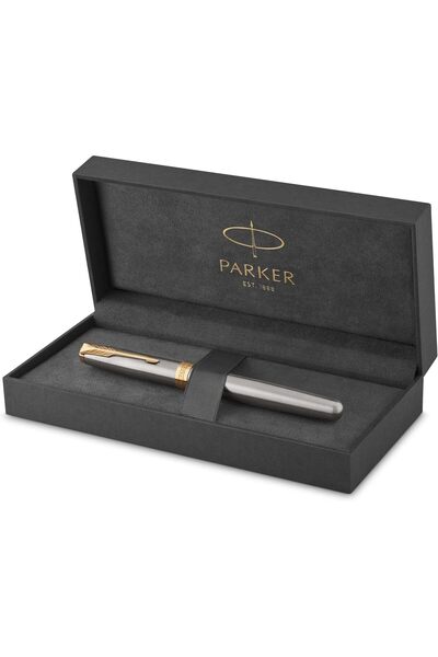 Parker قلم حبر سونيت من الفولاذ المقاوم للصدأ بحواف ذهبية، سن متوسط ​​| 8558