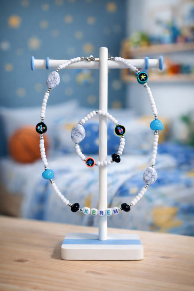 Moonbelle Kişiye Özel Erkek Çocuk İsimli Kolye & Bileklik Seti – Doğal Taş Gö...