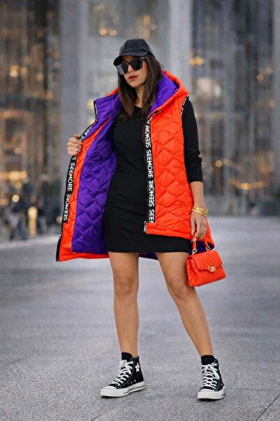 ibeeka Culoare Portocaliu Neon Frida matlasat Umplut geacă cu puf vestă - POR...