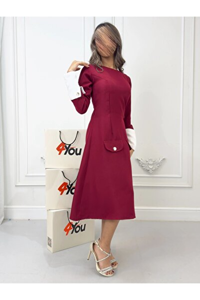 NO BRAND Elegant midi dress with long sleeves and sophisticated white details