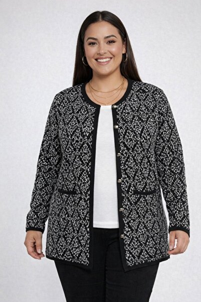 By Saygı Women's Button Front Double Pocketed Diamond Patterned Plus Size Kni...