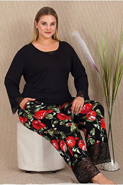 by İGP Black Plus Size Floral Print Lace Hem Detail Pajama Set
