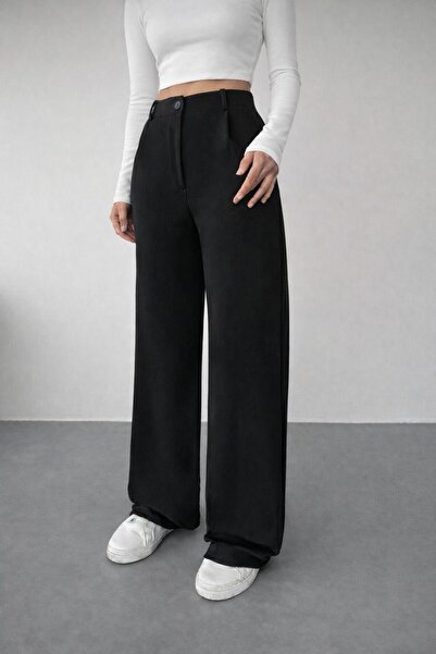 glanour Γυναικείο μαύρο Lycra Palazzo Φαρδύ παντελόνι στο πόδι