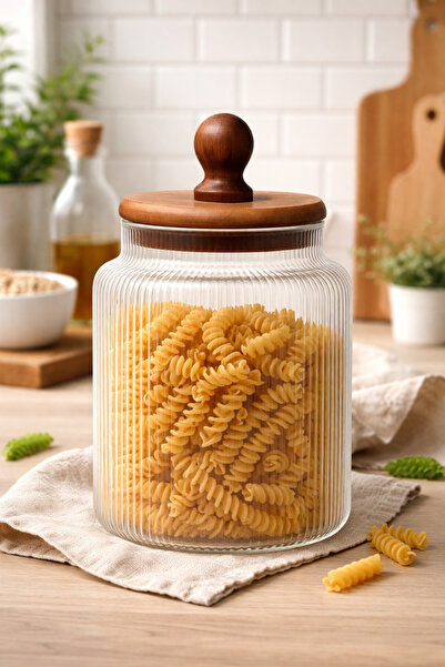 welcomein 1200 ml Akasya Kapaklı Dilimli Cam Kavanoz – Şık Ribbed Tasarım, Ha...