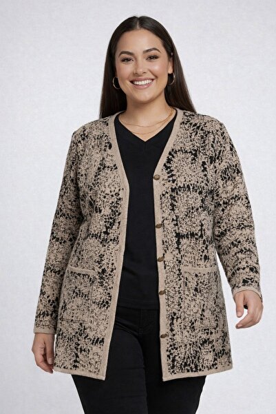 By Saygı Women's Front Buttoned Double Pocketed Patterned Plus Size Cardigan