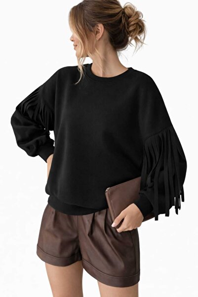 lubiti Tasseled Modal Bluz/Crew Neck Low Sleeve Loose Blouse