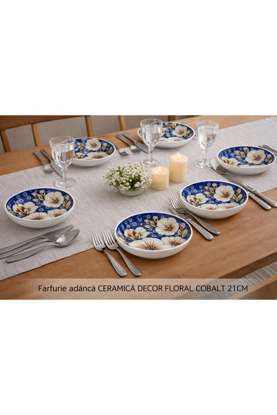 COBALT CERAMIC DEEP PLATE FLORAL DECOR 21CM