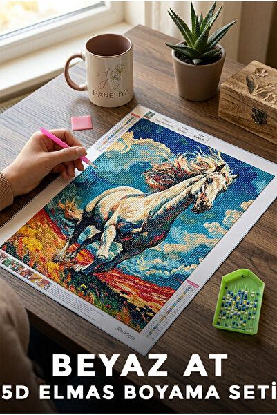 Haneliya Beyaz At - 5D Diamond Elmas Boyama Seti Sayılarla Boncuk Dizme Mozai...