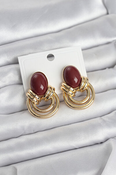 Inure Jewelry Brass Gold Color Vintage Women's Earrings with Burgundy Stones