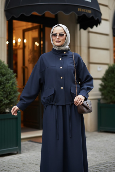 Aselim Hijap Moda Aurelia Gold Tensel Set - Skirted Suit - Navy Blue