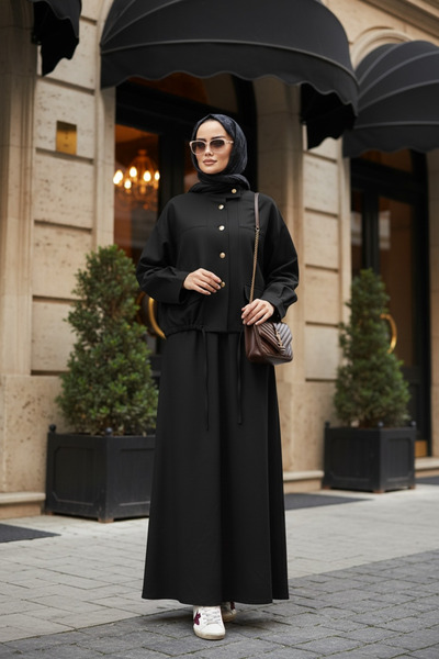 Aselim Hijap Moda Aurelia Gold Tensel Set - Skirted Suit - Black