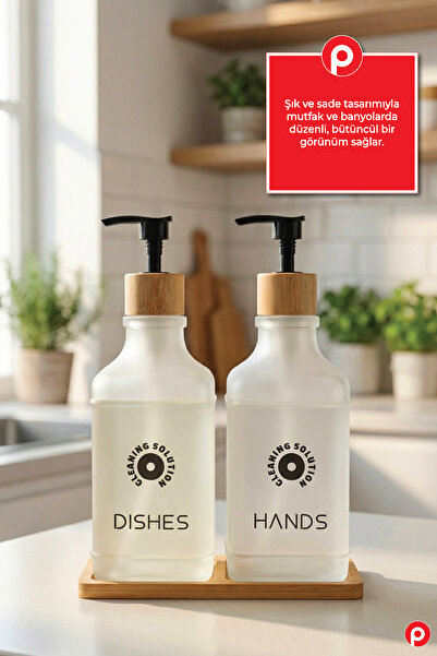 Pazarika 2’li Şeffaf Cam Sıvı Sabunluk Seti - Bambu Standlı & Tepsili Mutfak ...
