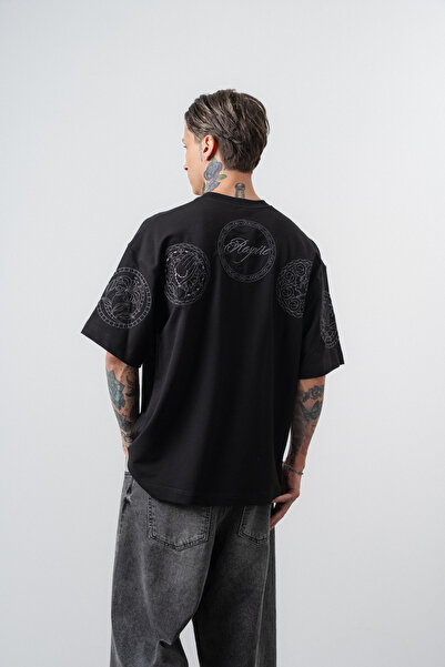 Respire Broderie rozetă pentru bărbați, detaliată supradimensionat tricou Negru