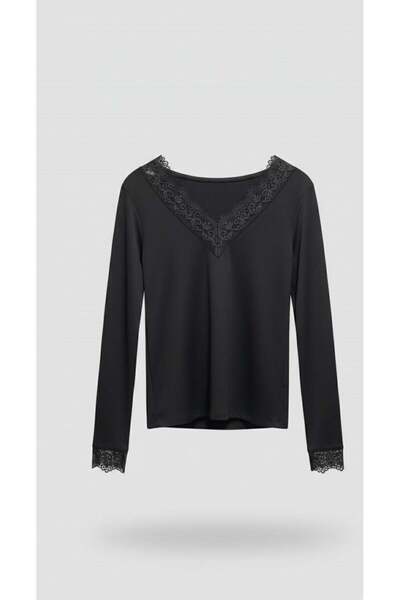 SONGÜLBERİK Women's Lace Detailed Black Blouse