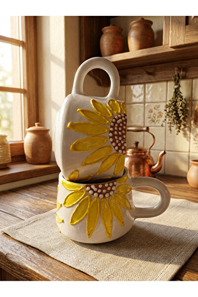 NİVRA GRUP 2'Li Kupa Bardak–Kabartmalı El İşlemeli Ay Çiçeği (Güne Bakan) Des...