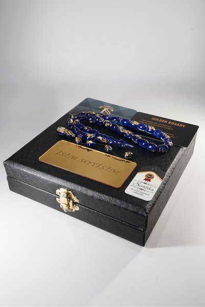 TESBİHSARAYI Golden Rosary - with Gold Particles - Golden Rosary - Name Can Be Engraved on the Outside, with a Square Box