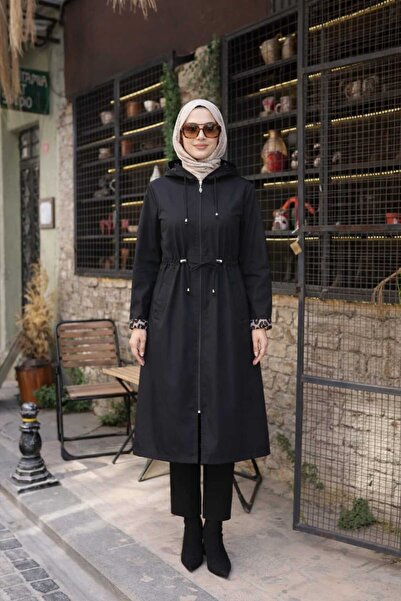 suffemoda Büyük Beden İç Detay Leoparlı Battal Araboy Fermuarlı Kadın Trençkot