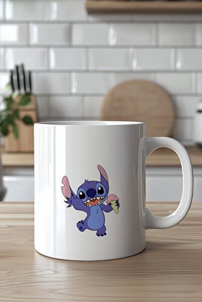YasBey DESIGN Stitch Tasarımlı 330ml Baskılı Beyaz Seramik Kupa Bardak