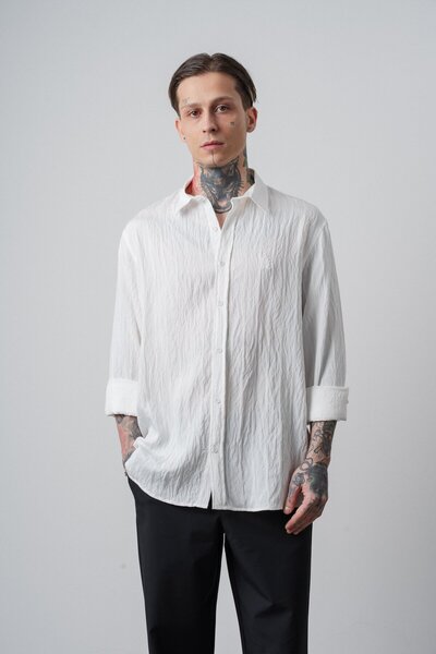 Respire Men's Embroidered Long Sleeve Oversized Shirt White
