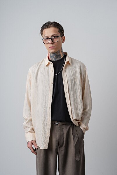 Respire Muška Vezena majica dugih rukava Oversize kroj bež