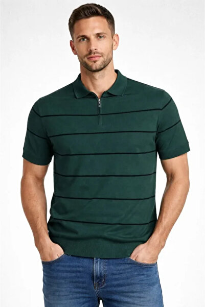 JANES Men's T-Shirt Striped Knitwear Woven Fabric Polo Collar Half Zipper Reg...