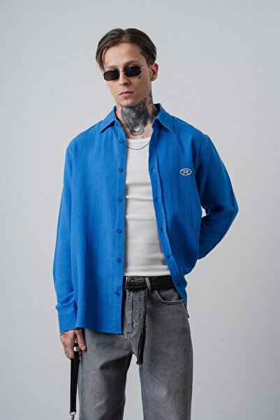 Respire Cămașă pentru bărbați R cu mânecă lungă brodată din muselină supradim...