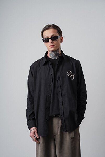 Respire Cămașă cu mânecă lungă brodată pentru bărbați in supradimensionat Negru