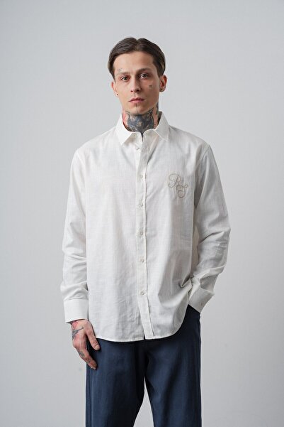 Respire Muška košulja Res Vezena dugih rukava Lan Oversize kroj boje ecru