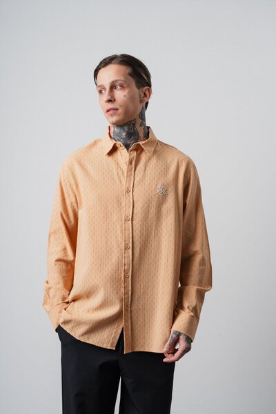 Respire Men's Star Embroidered Long Sleeve Oversized Shirt Camel