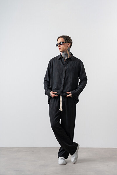 Respire Ανδρικό Σετ Πουκάμισο και Παντελόνι R Με κέντημα oversized Μαύρο