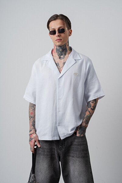 Respire Muška R Vezena košulja kratkih rukava od muslina Oversize kroj bela