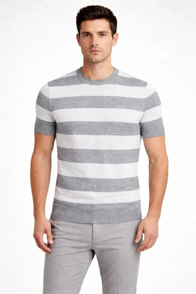 JANES Men's T-Shirt Striped Knitwear Woven Crew Neck T-Shirt - Gray