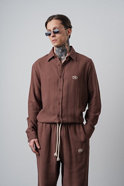 Respire Muška R Vezena košulja sa dugim rukavima od muslina Oversize kroj smeđa