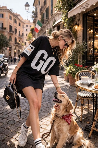 ibeeka New Season Go Written Oversized Black T-Shirt Dress | Cotton Sporty El...