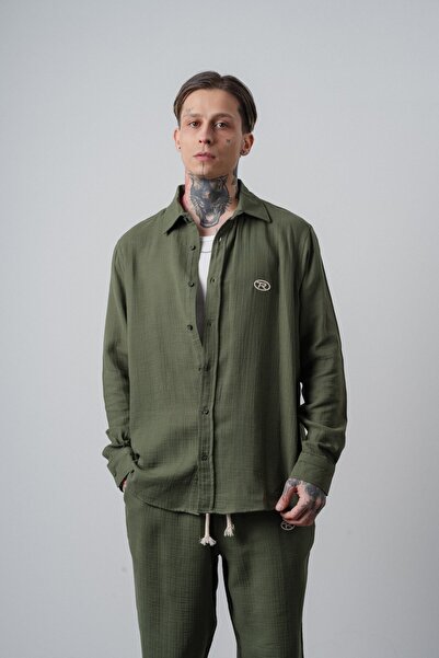 Respire Muška R Vezena košulja sa dugim rukavima od muslina Oversize kroj tam...