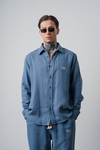 Respire Cămașă pentru bărbați R cu mânecă lungă brodată din muselină supradim...