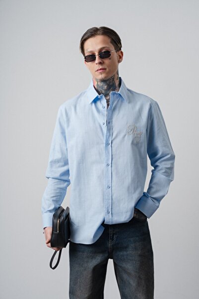 Respire Muška majica Res Vezena dugih rukava Lan Oversize kroj bebi plava