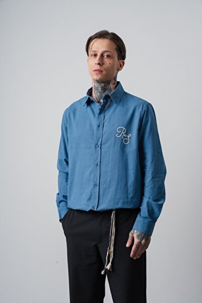 Respire Muška majica Res Vezena dugih rukava Lan Oversize kroj petrolej