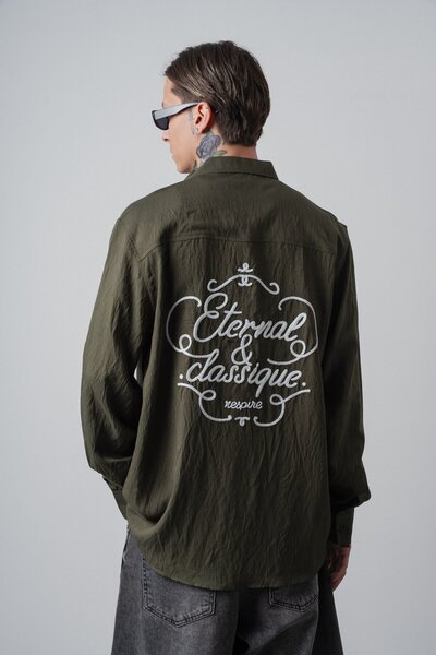 Respire Men's Eternal Embroidered Long Sleeve Linen Oversized Shirt Khaki